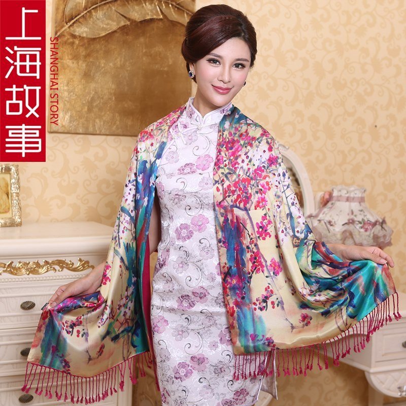 上海故事15新款专柜正品高档真丝拉绒双层桑蚕丝 秋冬保暖女士披肩围巾 红梅知春