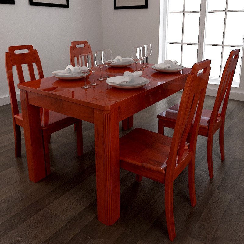 乐庭家具 实木餐桌餐椅套装 餐桌椅组合 橡胶木餐桌餐台 1.35米海棠色长方形饭桌 餐桌 一桌六椅