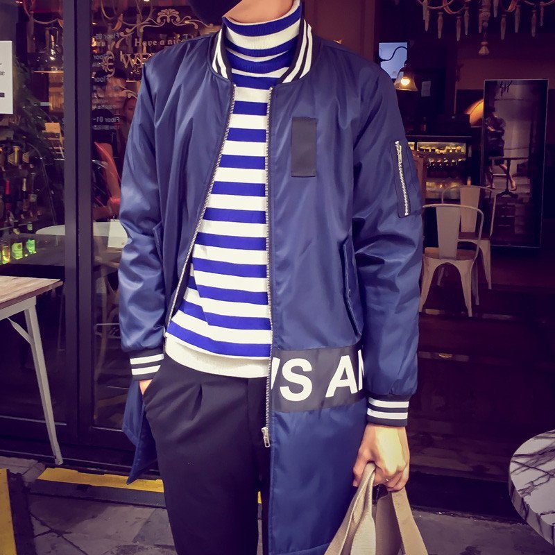 加厚棉衣男冬装新款立领中长款风衣韩版棉服外套 XL 蓝色