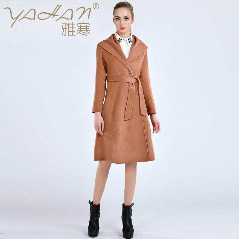 雅寒YAHAN2016秋冬新款高端纯手工缝制羊绒外套欧美显瘦修身大裙摆长款双面羊绒女士毛呢大衣YH8015121全场包邮 M-160/86A 驼色
