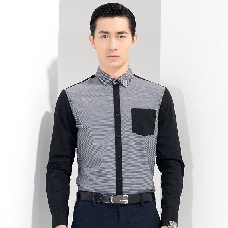 阿仕顿 秋季男士浅灰色方领胸口拼接口袋长袖衬衫 AW15316209