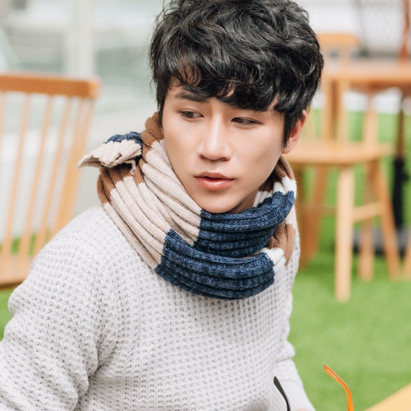 尊首围巾男欧美新款男士风车纹保暖围脖羊毛围巾男8356 蓝色