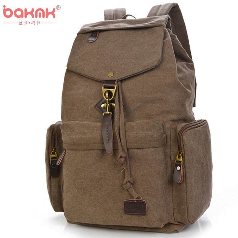 BAKMK芭卡玛卡 韩版女士复古帆布包包大容量双肩包学院风抽带背包A33 棕色