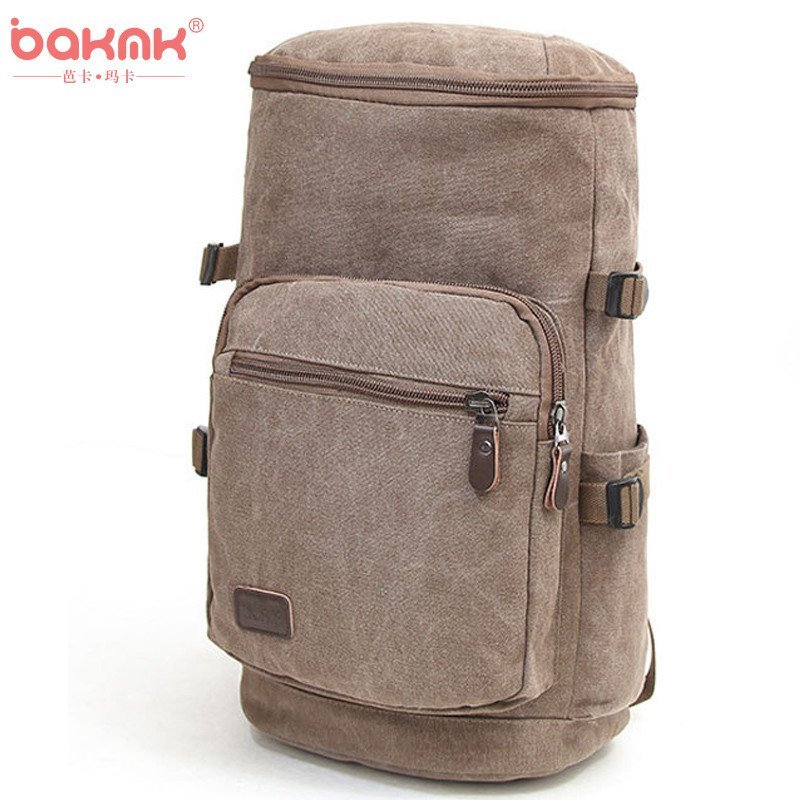 BAKMK芭卡玛卡 韩版男女款复古帆布包包大容量登山包双肩包背包时尚撞色手提包单肩包A36 卡其色