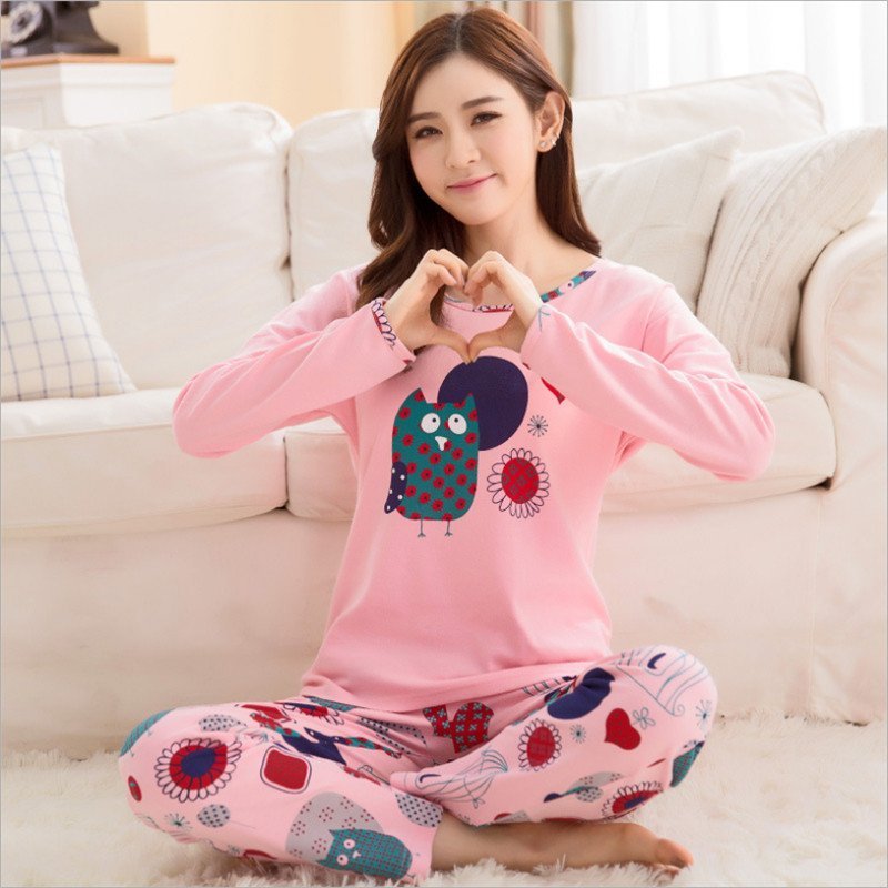 竹千华 睡衣女长袖纯棉可爱睡衣冬季韩版睡衣修身春秋长袖卡通家居服套装 XXL F