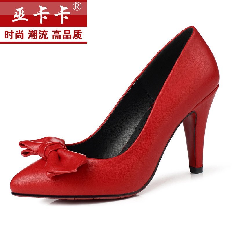 巫卡卡单鞋女2016春蝴蝶结高跟细跟伴娘婚鞋尖头浅口高跟鞋黑色职业工作鞋314-N2598 红色 34码