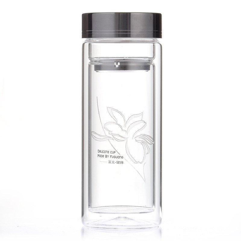 富光(FUGUANG)703-320 320ml健牌双层透明带滤网玻璃杯泡茶杯隔热带盖 水杯子商务杯