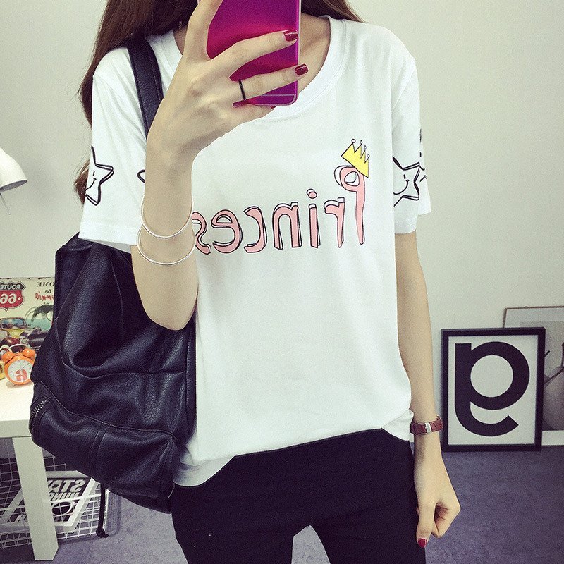 卜华2016T恤女夏卡通印花短袖体恤宽松显瘦半袖上衣服韩版学生 2XL 白色