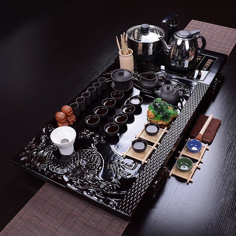 艺宏堂 整套茶具套装 紫砂功夫茶具 四合一电热磁炉 实木 茶盘套装