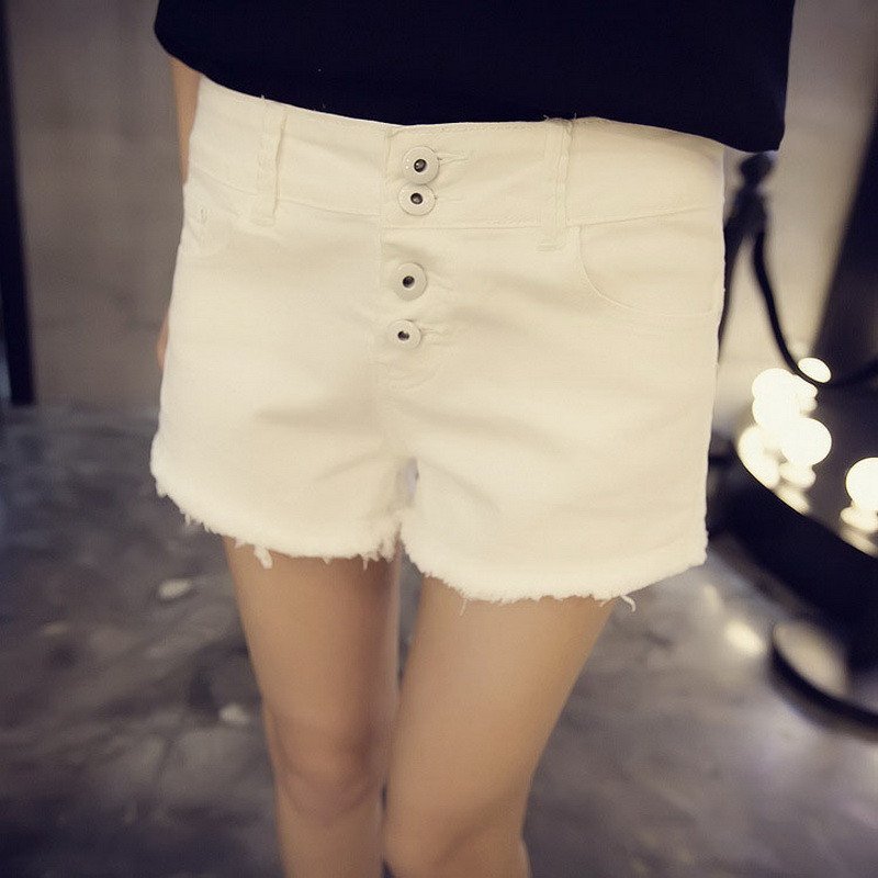 沫沫依莉 短裤春季新款韩版时尚修身简约潮流牛仔做旧纯色短裤/热裤 XL 白色
