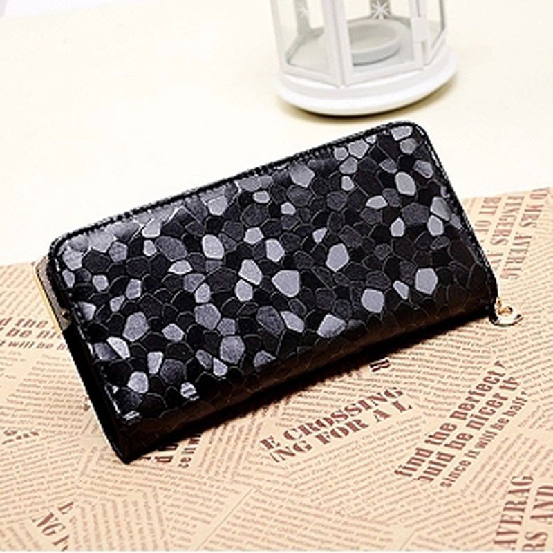 薇思黛 2016新款 女士长款钱包韩版金银色石头纹时尚女钱包潮流皮夹包 黑色