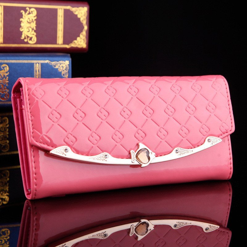 薇思黛 2016新款 韩版女士长款钱包夏季亮皮包漆皮格纹钱夹 水粉色