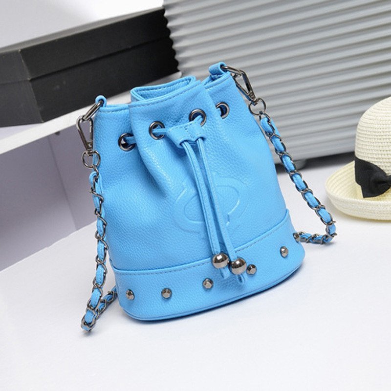 薇思黛 2016新款 韩版时尚潮流水桶包链条小包女包单肩包斜挎包 浅蓝色