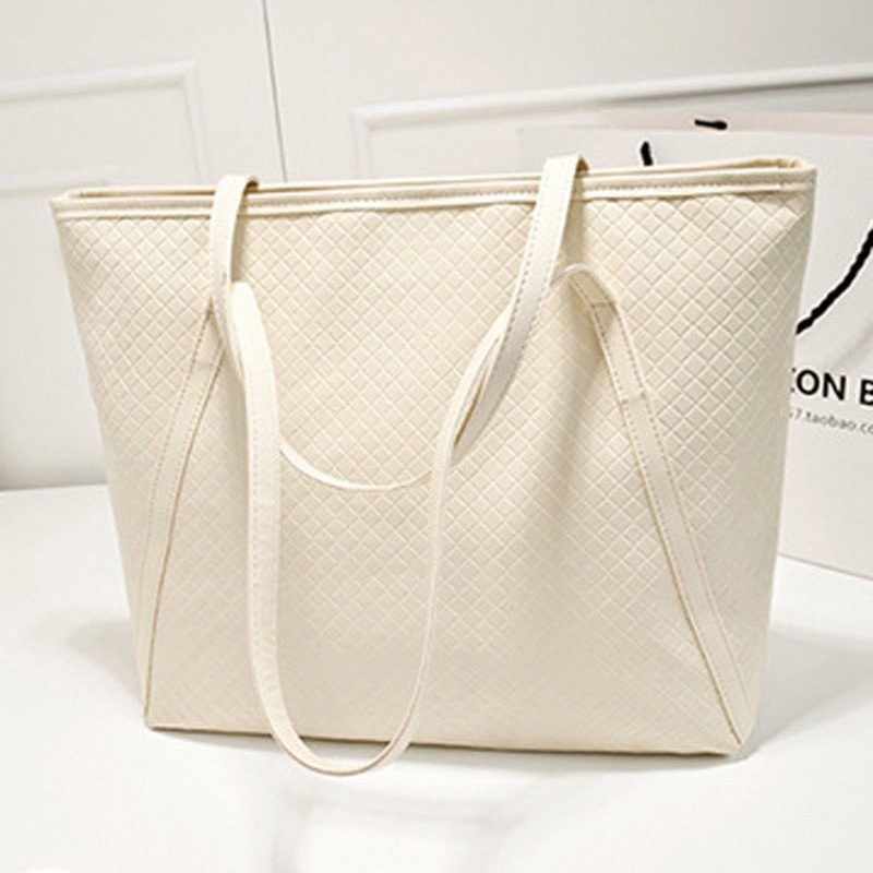 薇思黛 2016新款 欧美时尚休闲复古编织纹女士单肩包手提包大包包潮流女包 米白色