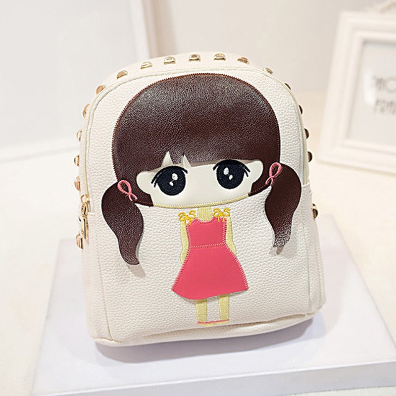 薇思黛 2016新款 潮流可爱双肩包卡通可爱时尚女士铆钉背包女包 米白色