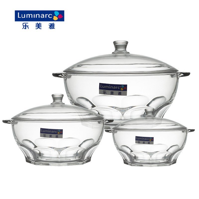 乐美雅(Luminarc)花岗岩双耳全钢化玻璃汤碗水果沙拉碗(带盖)透明1L