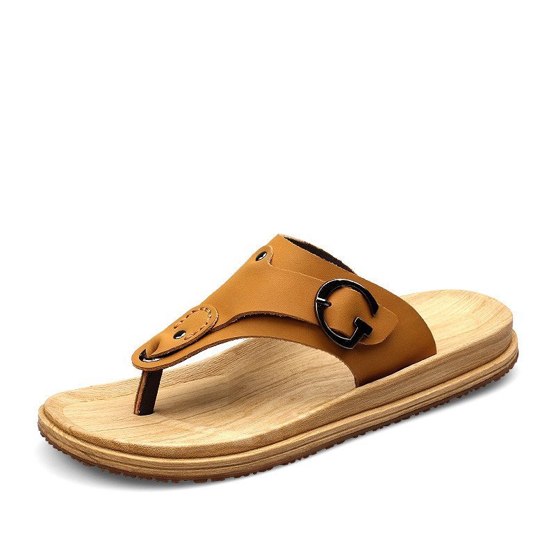 兰顿犀牛2016新款凉拖男夏季防滑牛皮人字拖英伦潮男沙滩夹趾休闲男拖鞋室内舒适百搭轻便凉拖鞋 黄色 41码