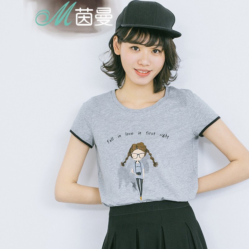 茵曼 2016夏装新款印花短袖T恤上衣女1862022655 L 花灰色