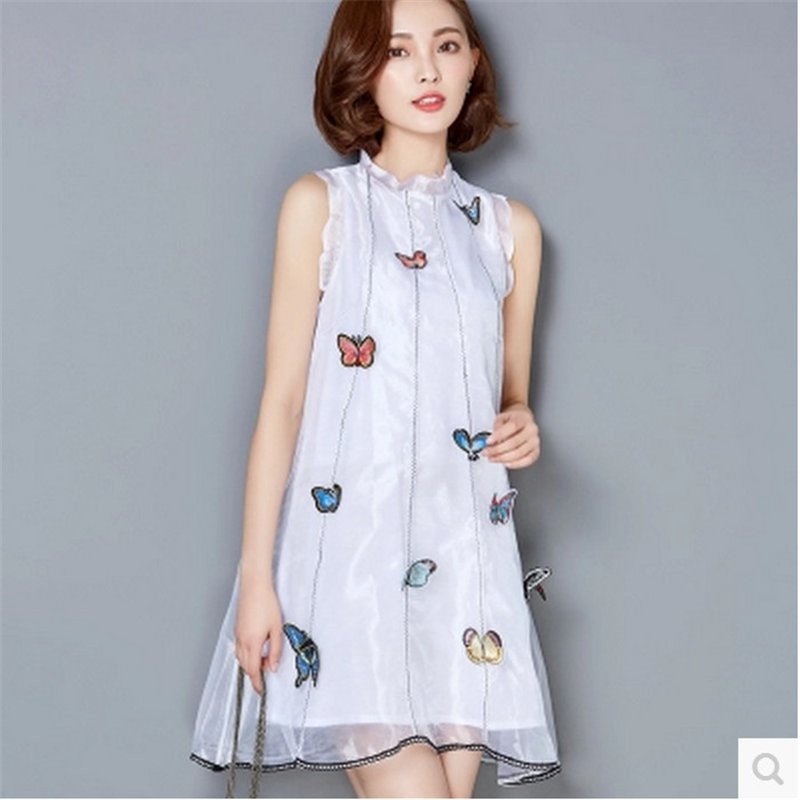 2016女装刺绣蝴蝶花边立领欧根纱优雅A字仙美连衣裙 2XL 白色