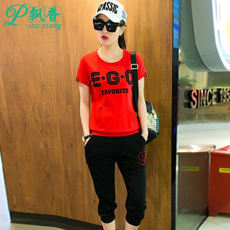 飘香2016年夏装时尚休闲运动大码女装韩版修身显瘦跑步两件V2506 L 红色