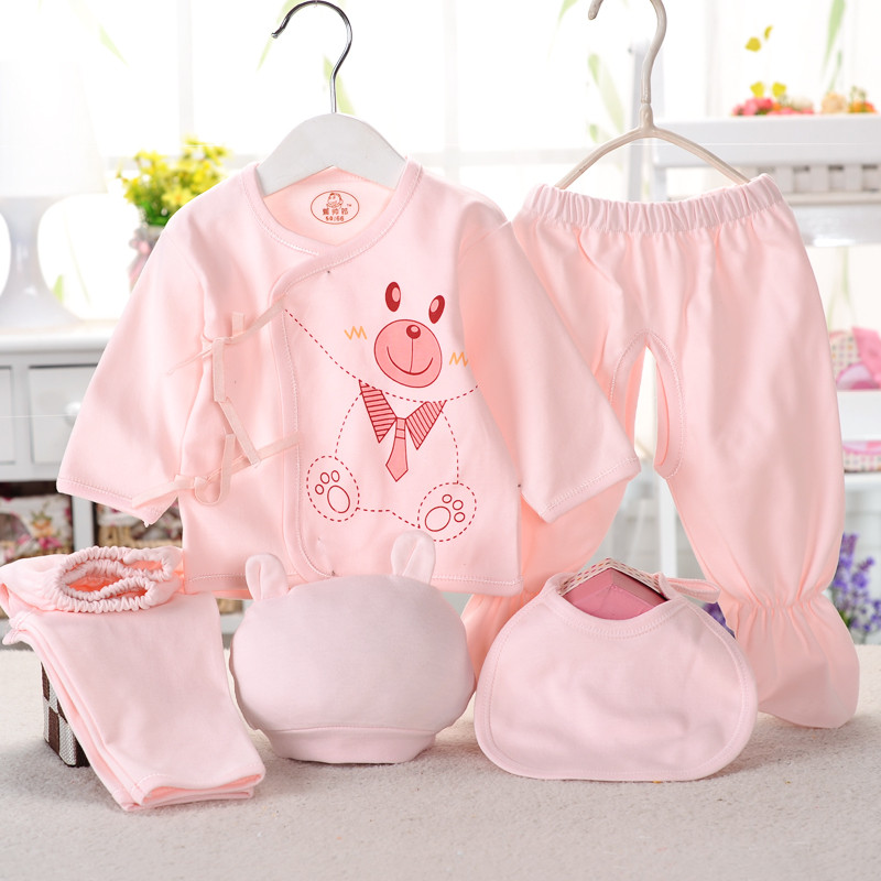 贝乐咿 新生儿衣服系带婴儿纯棉内衣套装五件套装 0-3个月 59#(建议身高51-59cm) 色底小熊粉色