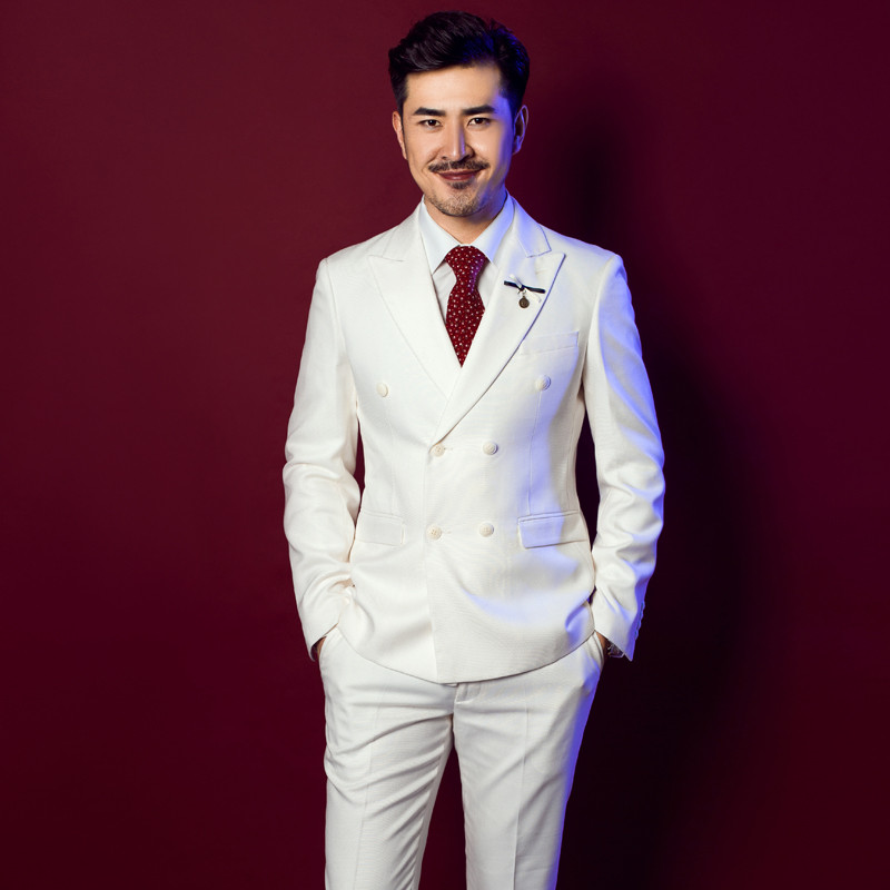 2016新款结婚西装男士平驳领修身白色三粒两排扣西服男套装新郎伴郎礼服定制 S 米白色