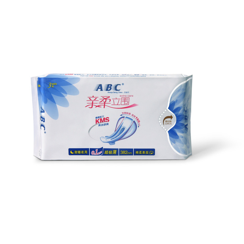 ABC卫生巾夜用甜睡系列 亲柔立围轻透薄棉柔382mm*3片（含KMS健康配方）姨妈巾