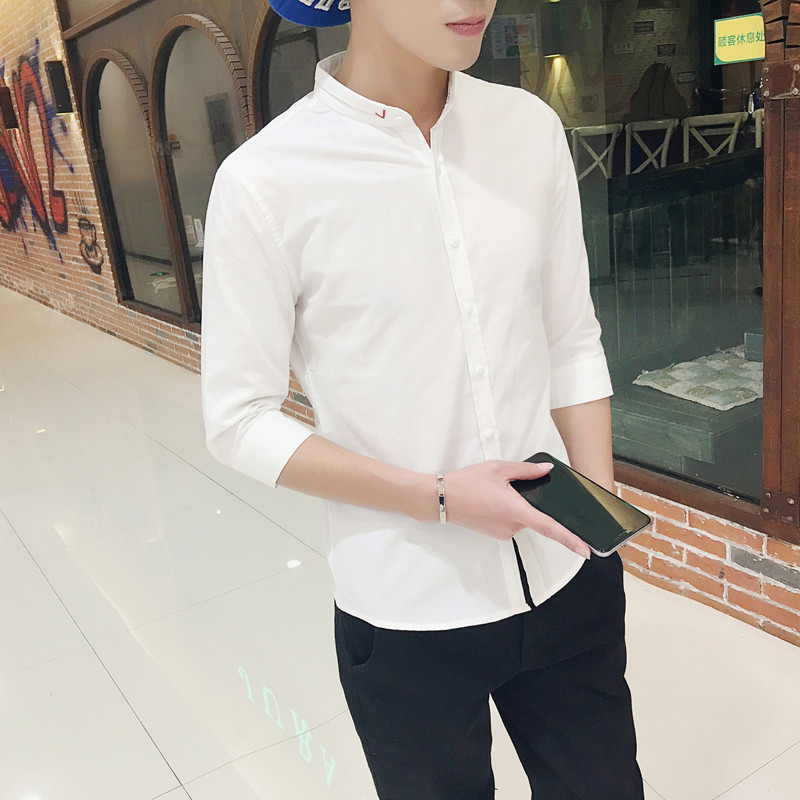 诺妮梦 新款男短袖青少年韩版修身款潮流衬衣男士夏季纯白色休闲中袖寸衫 白色511 XXL