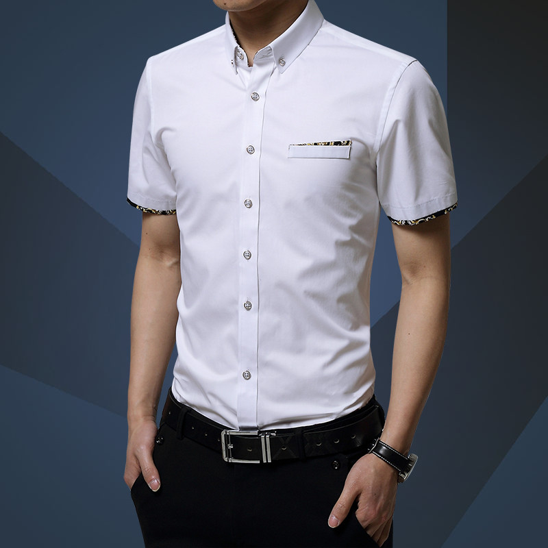 诺妮梦 2016 新款衬衫男士衣服夏季青年修身寸韩版休闲纯棉立领商务白纯色短袖衬衣 M 1730白色