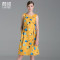 颜域品牌女装秋装新款欧美优雅卡通印花圆领收腰抽褶A摆连衣裙 20A6675 XL 黄花