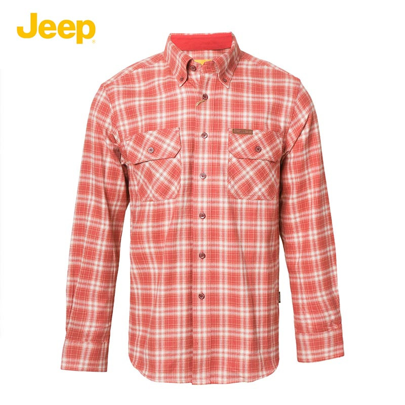 JEEP/吉普秋冬款男士商务休闲格子长袖衬衫JW13WH030 175/92B(42) 红色H5