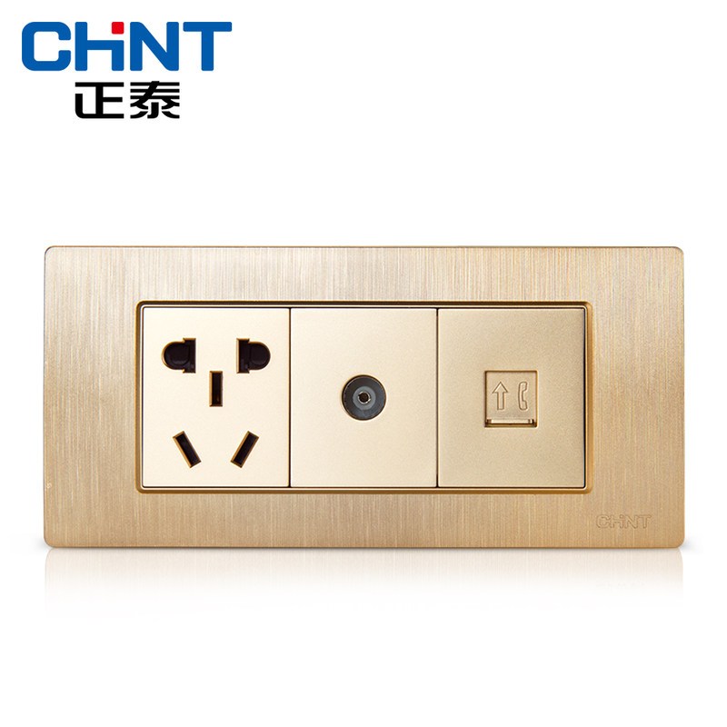 正泰(CHNT)电工118型PVC材质NEW5D拉丝金三位一插电视电话电源插座面板 拉丝金 一插电视电话