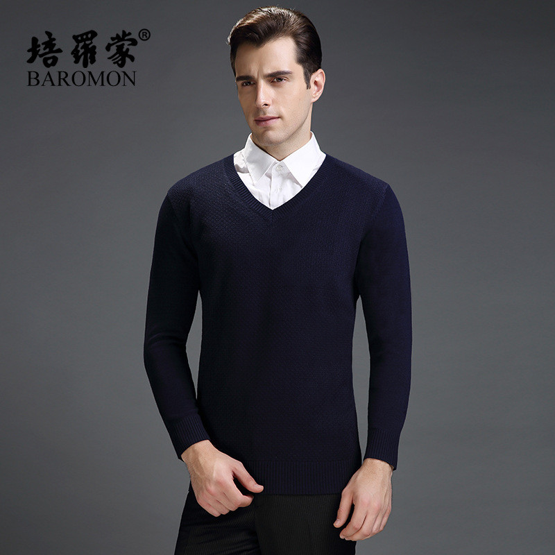 培罗蒙V领男装长袖针织衫 中年男士套头纯色长袖针织毛衣打底衫男1476319621121 48 黑灰色