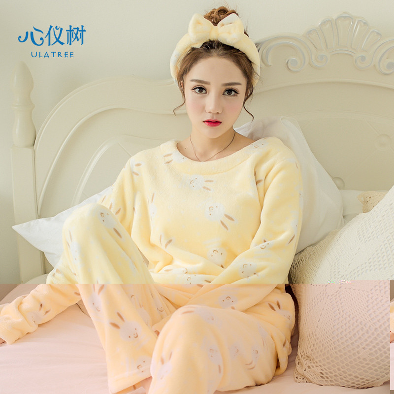 睡衣女冬季法兰绒长袖睡衣女加厚保暖卡通兔子家居服珊瑚绒套装 L CX-兔子绒黄色