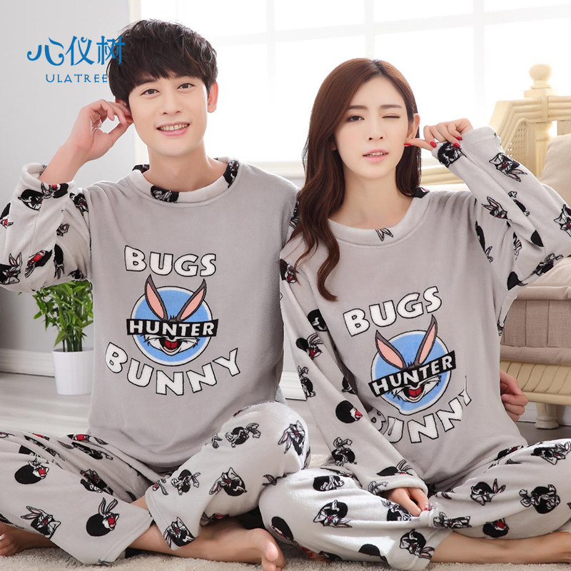 秋冬季男女士法兰绒睡衣女保暖可爱卡通熊绒质家居服套装 女款XL码 HX-兔八哥情侣绒