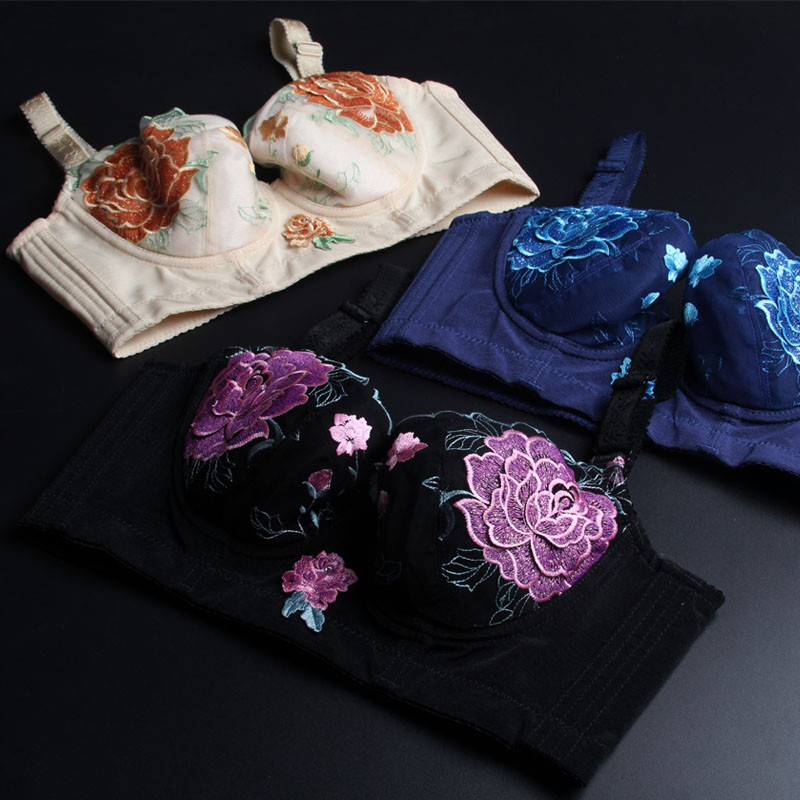 聚拢调整型无海绵文胸收副乳大码五排扣女士内衣 85c=38c 3d牡丹蓝色