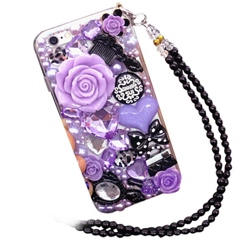 摩洛 水钻蔷薇花透明软壳手机壳保护套带珠链 适用于VIVO V3/V3A/V3L/V3M 紫黑色蔷薇花+黑珠链