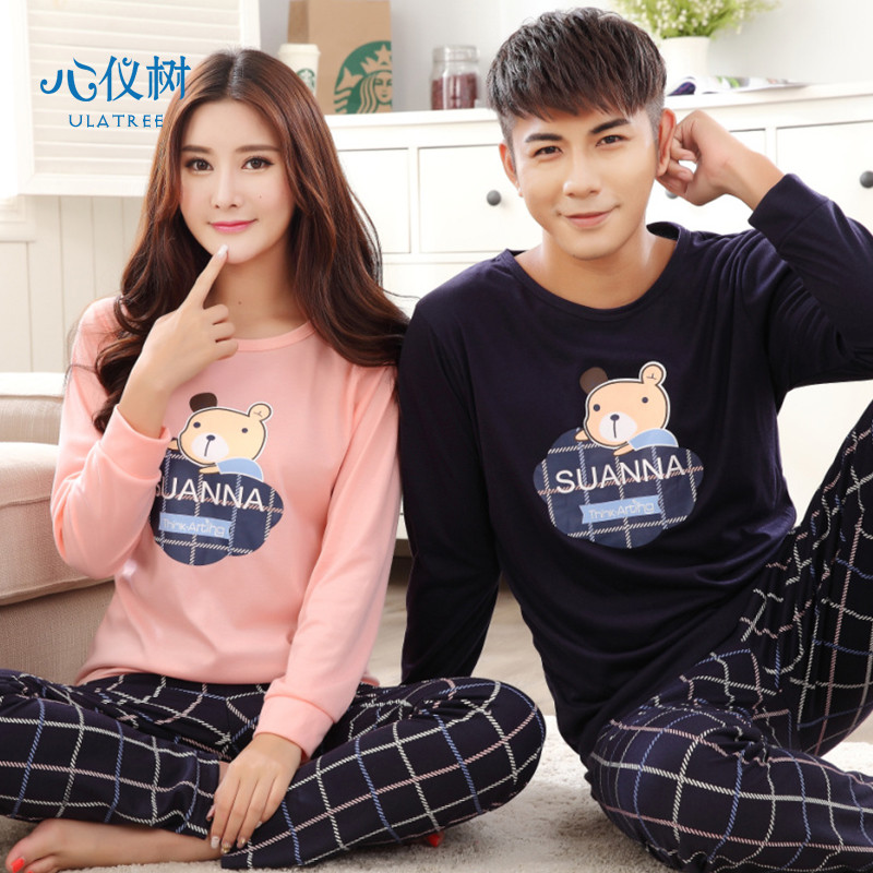 情侣睡衣女男士秋季针织长袖睡衣条纹可爱卡通休闲家居服套装 女款M码 ZY-002#