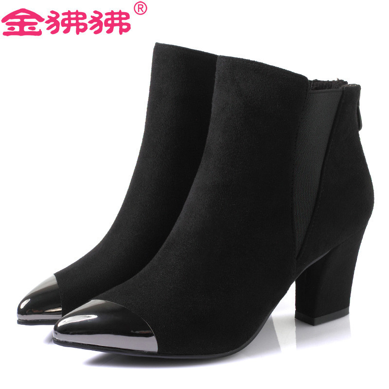 金狒狒新款短靴16年新款英伦风女靴后拉链松紧短筒靴子时尚尖头女鞋 黑色 37码