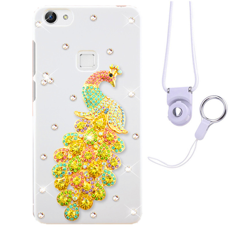 摩洛 爱心彩壳珍珠水钻手机壳保护套带挂绳 适用于VIVO X6/X6D/X6SA/5.2屏 白壳七彩虹孔雀+白挂绳