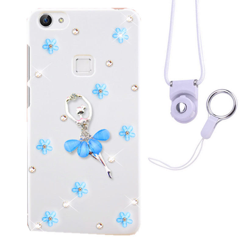 摩洛 爱心彩壳珍珠水钻手机壳保护套带挂绳 适用于VIVO X6/X6D/X6SA/5.2屏 白壳蓝樱花蓝芭蕾+白挂绳