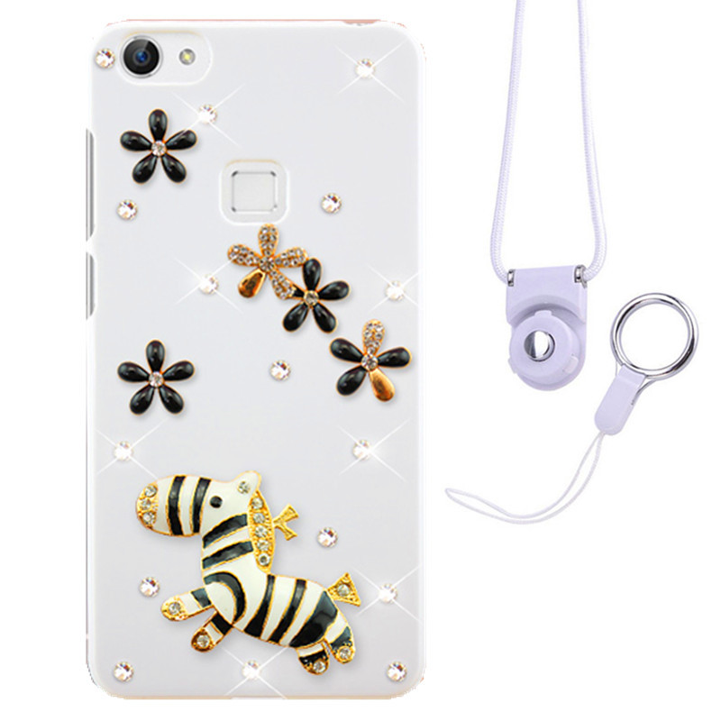 摩洛 爱心彩壳珍珠水钻手机壳保护套带挂绳 适用于VIVO X6/X6D/X6SA/5.2屏 白壳四叶草斑马+白挂绳