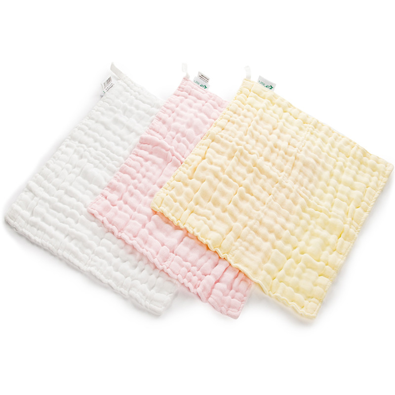 三利 纯棉婴幼儿纱布口水巾3条装 A类安全标准 婴儿用品 手帕 喂奶方巾 擦汗巾 30x30cm 原白色、浅粉色、浅黄色