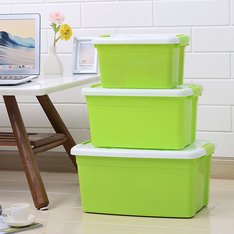 喜家家塑料收纳箱有盖衣物储物箱儿童玩具杂物整理箱内衣收纳盒3件套 绿色