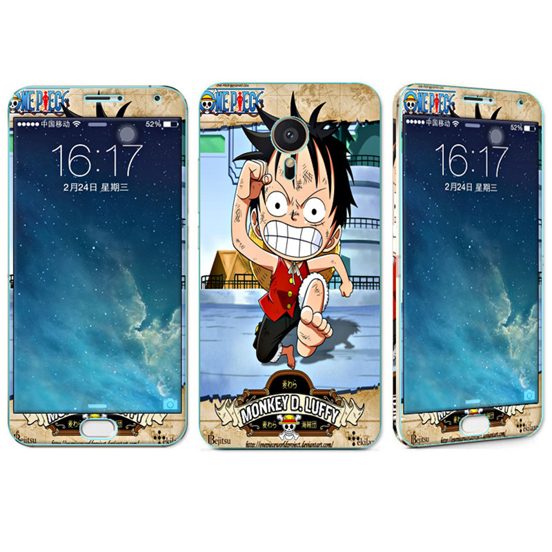 法威仕 前全屏手机钢化玻璃卡通彩膜后保护膜彩膜贴纸 适用于魅族MX5/M575/5.5屏 狂跑小路飞+支架