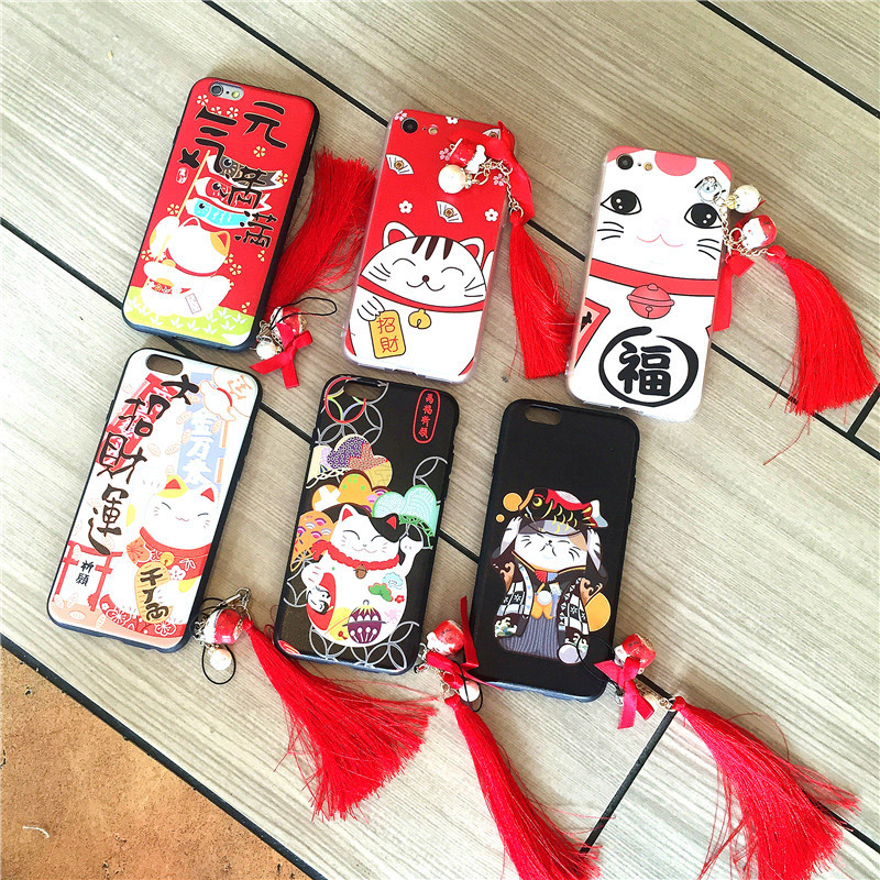 三千易°iphone6splus手机壳新款招财猫硬壳陶瓷挂饰苹果6代/6硬壳套喜庆 6/6s元气满满-流苏壳