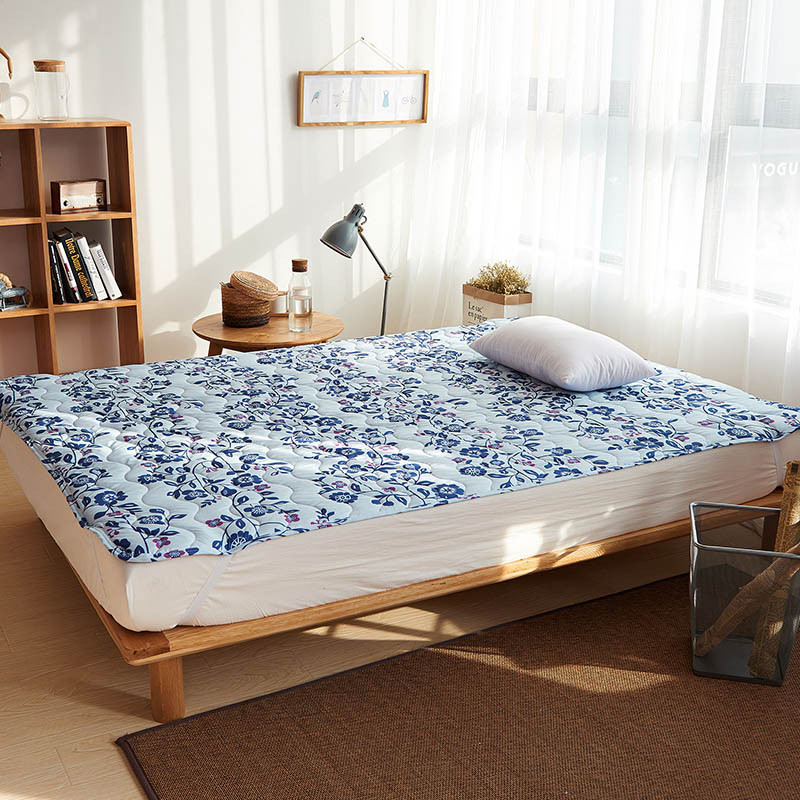 席梦思保护垫床垫1.5m床 磨毛布床褥子双人1.8m床 可机洗四角绑带 1.5*2.0m 蓝色花朵