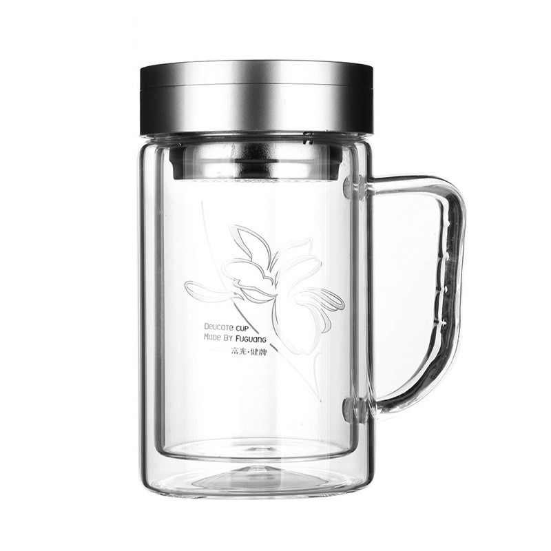 富光（FUGUANG）玻璃杯WFB1004-320B 320ml双层耐热茶隔款玻璃杯 泡茶办公水杯子 男女便携玻璃茶杯 银色