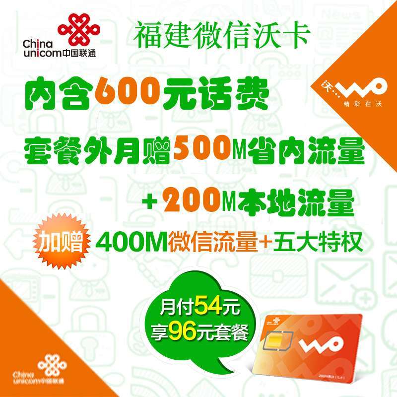 福州微信沃卡96元套餐（内含600元话费，直接到账96元，月返42元）