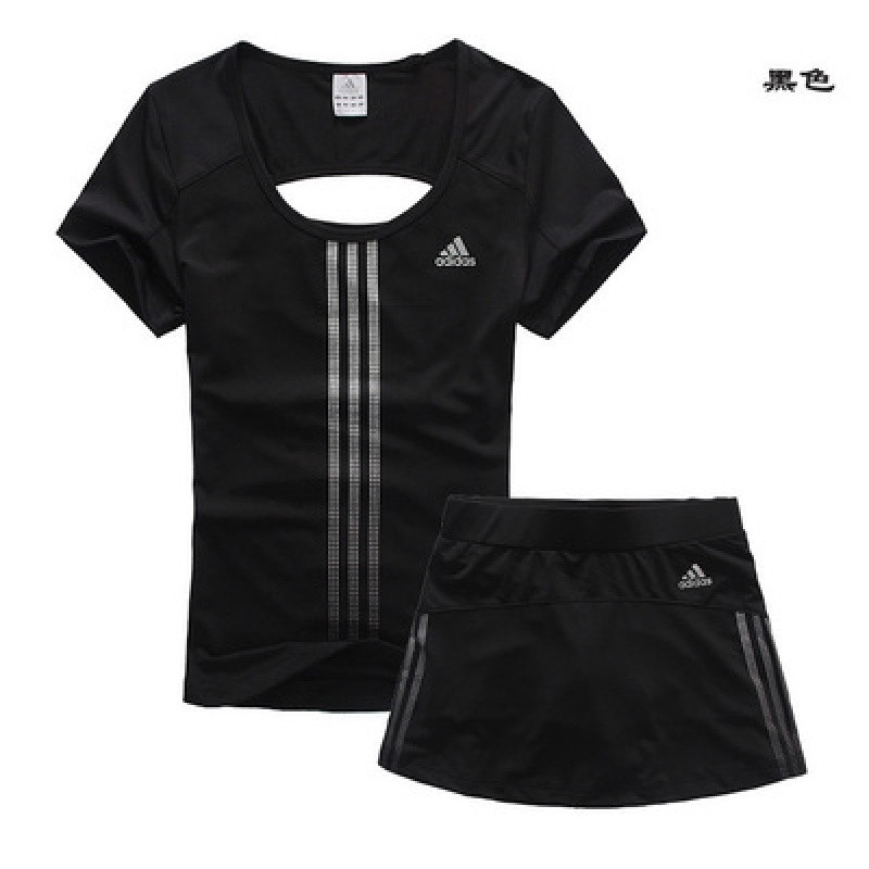 adidas阿迪达斯羽毛球服健身套装女2017夏款裙裤短袖瑜伽服显瘦性感透气速干网球服 XL 黑色黑色套装